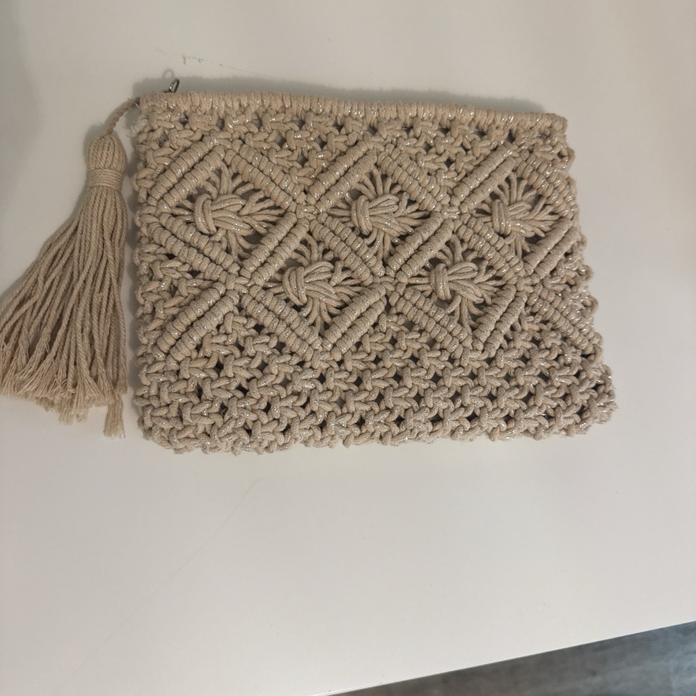 Beige Macramé Tassel Clutch - Neutral Boho Wristlet